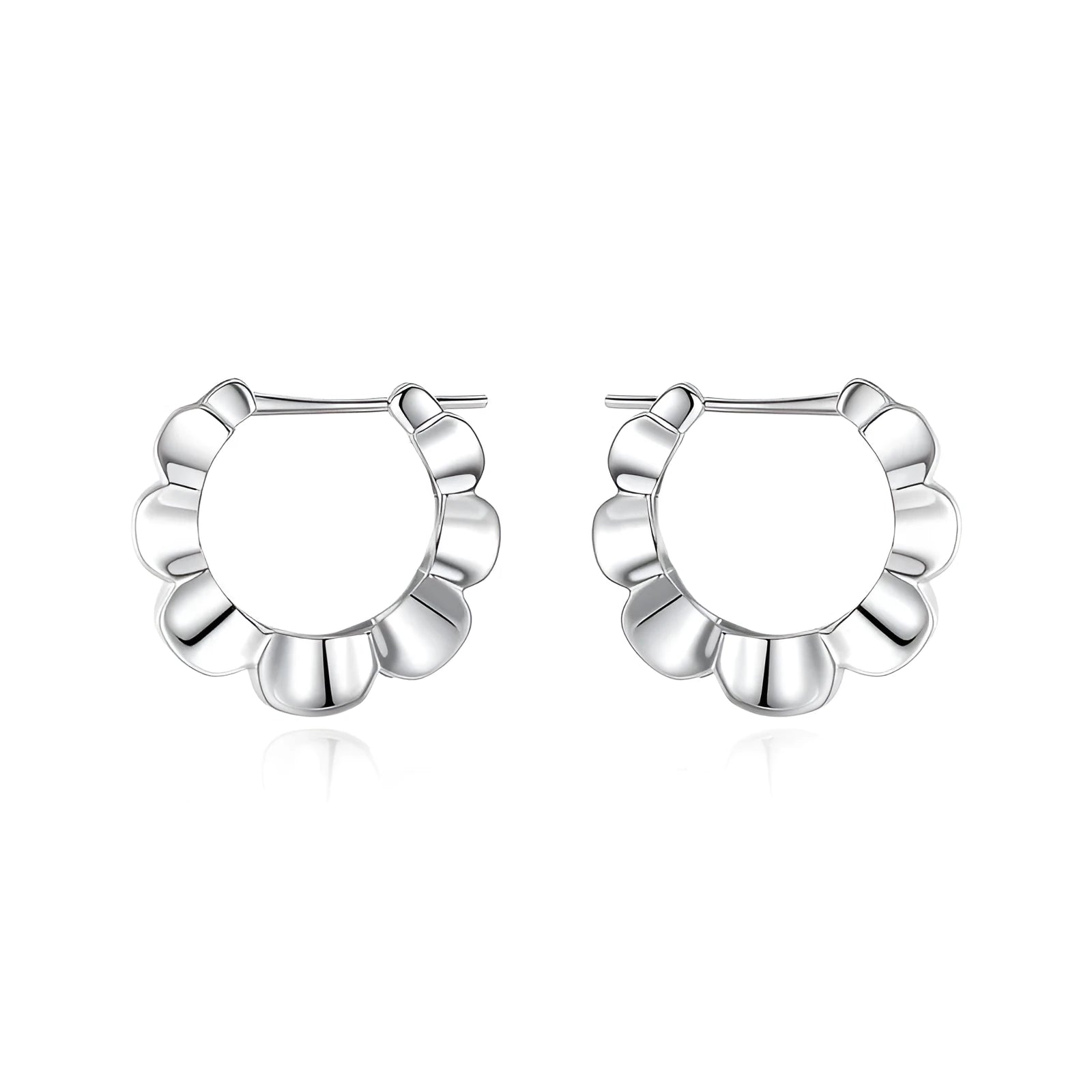 Sterling silver geometric hoop earrings with round design elements and electroplated finish