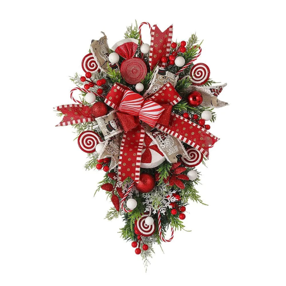 Artificial Christmas wreath with candy and upside-down tree design, 50cm or 60cm, yellow ribbon loops for hanging.