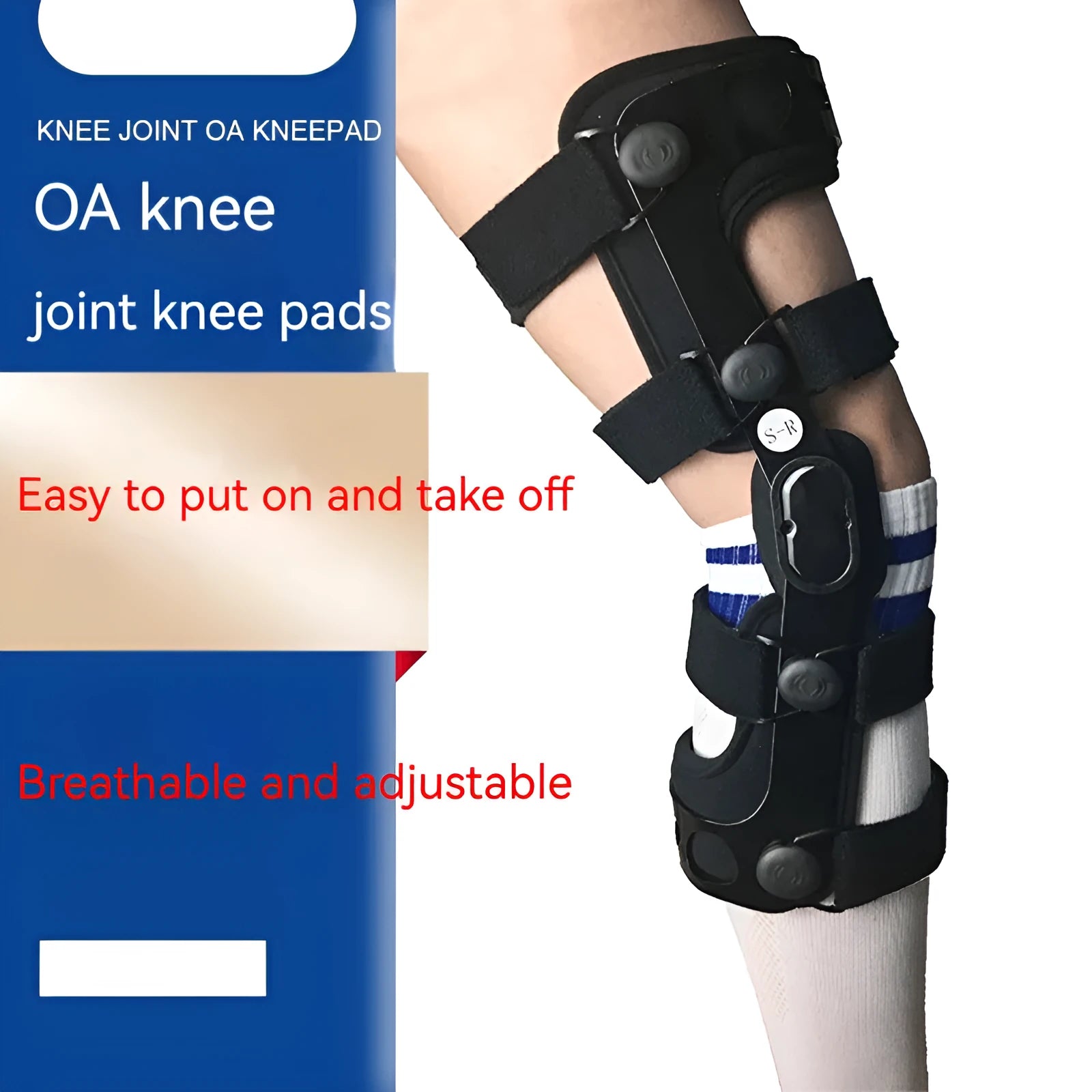 Black anterior ligament knee pad supporter shown with left and right leg size tags.