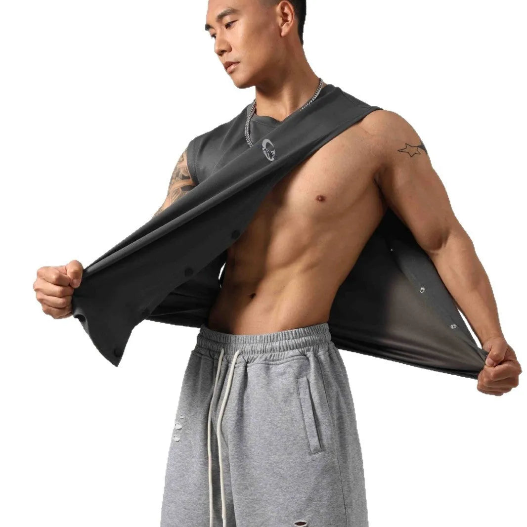 Korean style men's loose cotton fitness vest with hidden hook closures on both sides