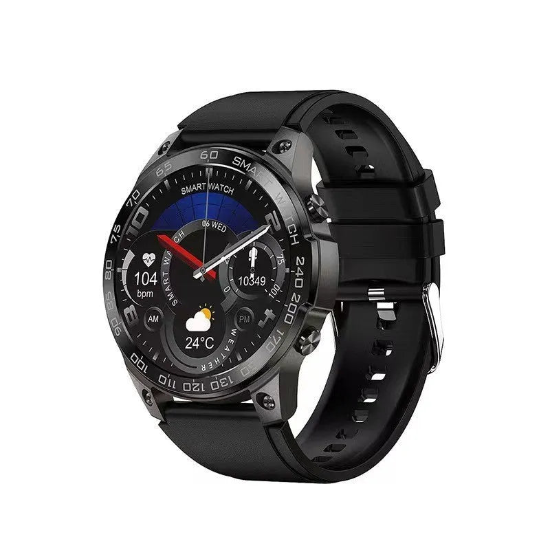 Black Bluetooth smartwatch with round AMOLED display on a silicone sports strap.