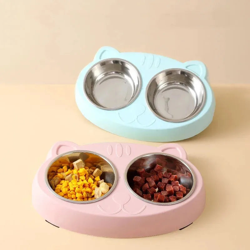 Blue plastic pet feeder tray with two bowls for cat or small dog food and water