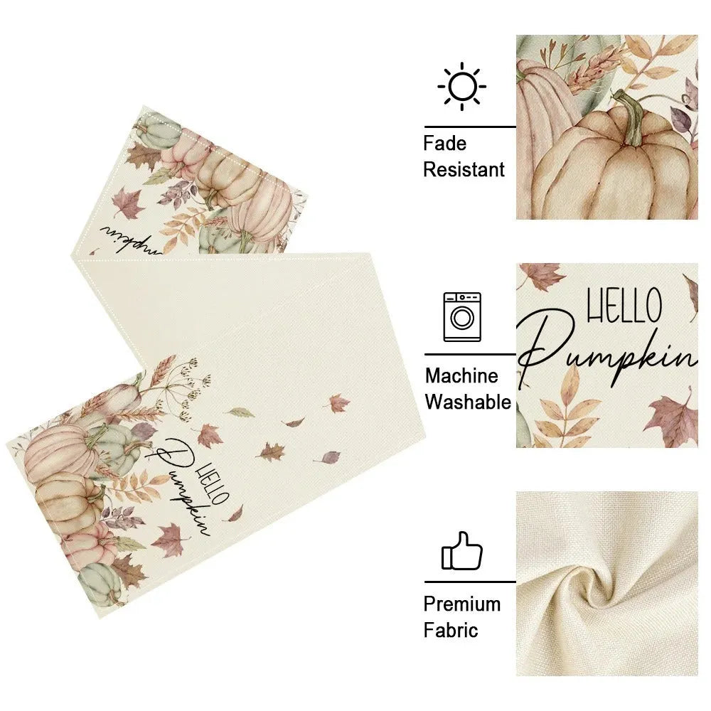 Beige polyester table runner, 33 x 183cm, with floral grass and leaf pattern for Thanksgiving table decoration