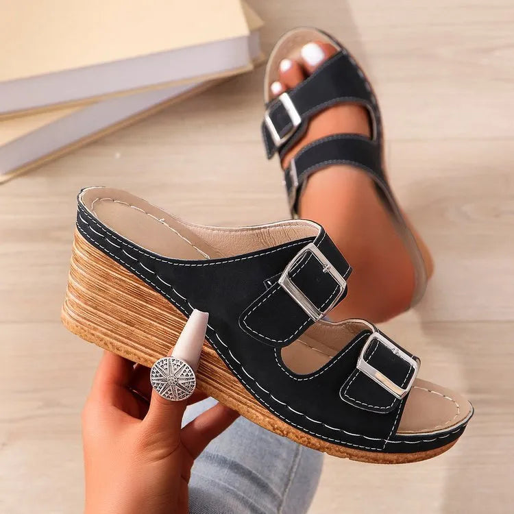 Women's beach slippers with outer wedge belt buckle in creamy-white, black, or maroon colours