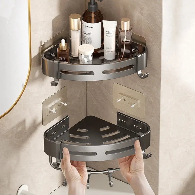Gun grey wall-mounted bathroom storage rack with corner design and punch-free installation