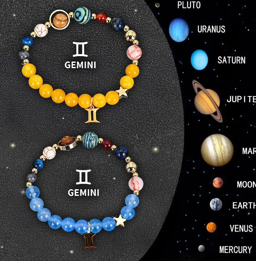 Twelve zodiac sign natural stone beaded bracelets showing different astrology designs