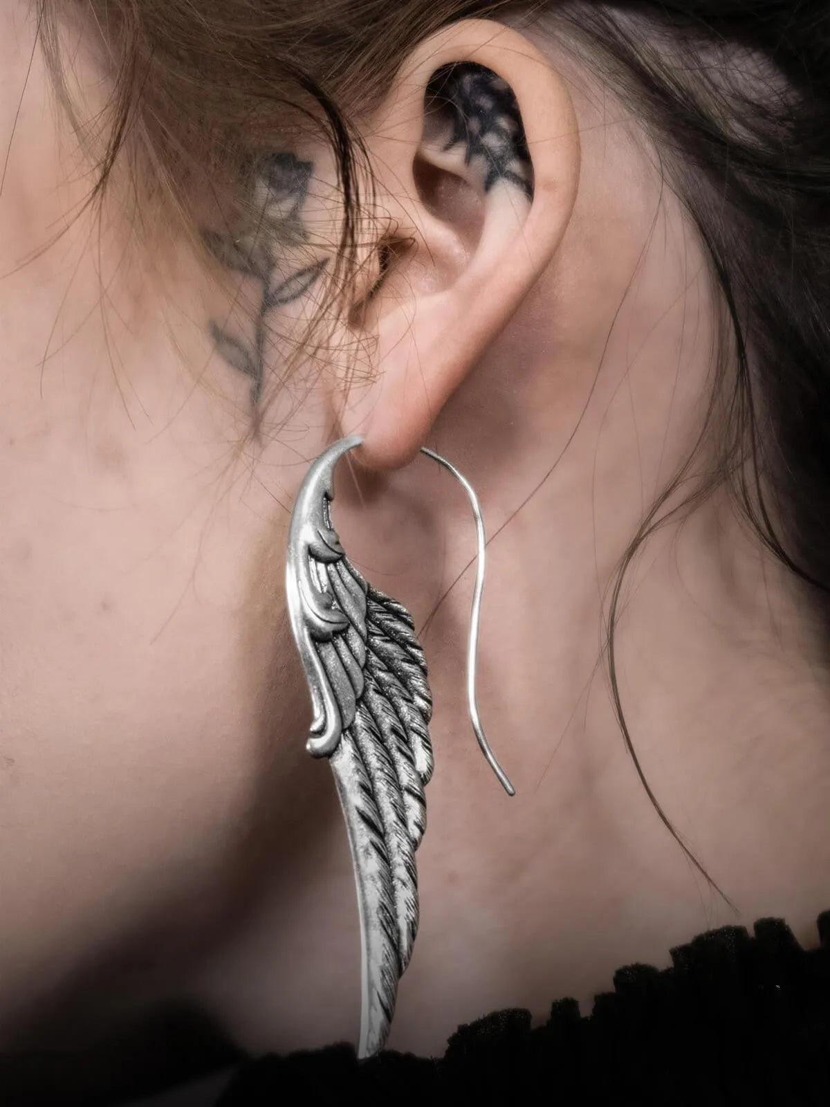 Fashion exaggerated angel wings pendant earrings in antique silver alloy with electroplated finish