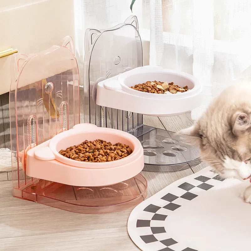 Grey cat feeding bowl with anti-spill design and adjustable height on removable hanging cage