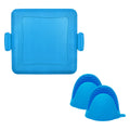 Blue silicone baking tray with integrated anti-scald gloves in handbag design