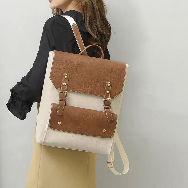 Soft brown retro Korean style PU backpack showing front view and ventilation detail.