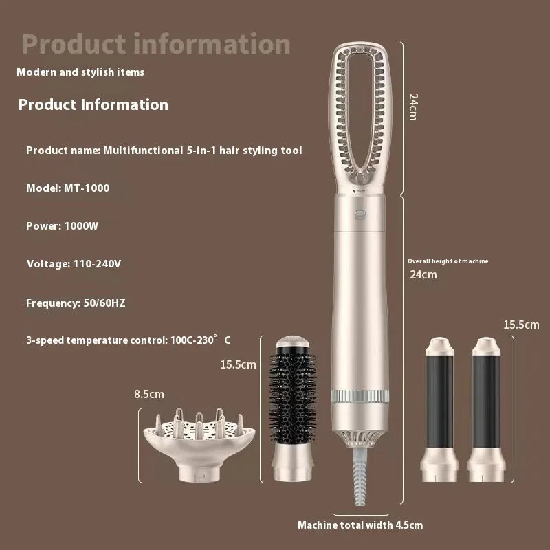 Champagne gold hot air comb hair curler with five-in-one styling functions