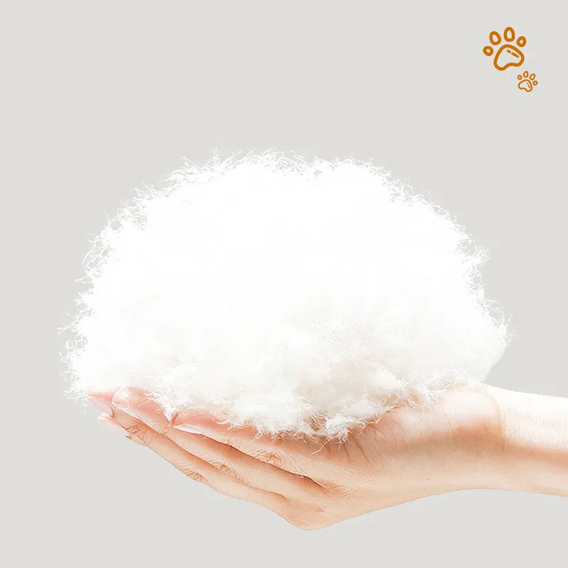Grey-white shell nest pet bed with rabbit fur lining shown in three sizes for cats and dogs
