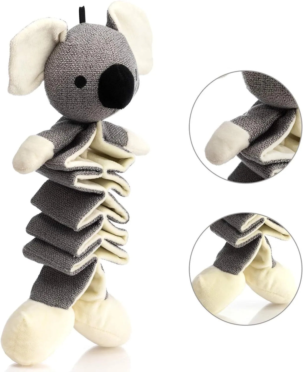 Gray koala-shaped dog chew toy with crinkle paper and squeaker, measuring 30cm.