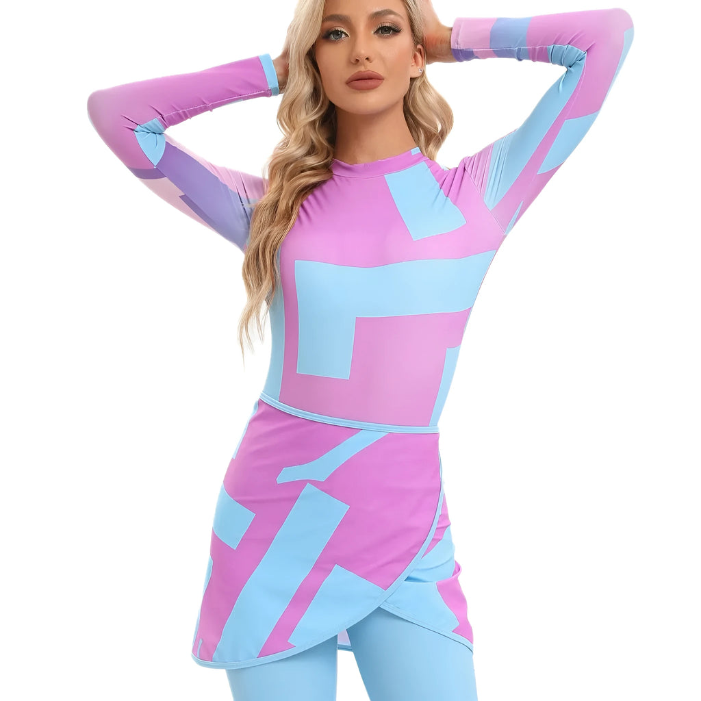 Conservative women's three-piece swimsuit set with apron in a fresh print, shown in Sapphire blue.