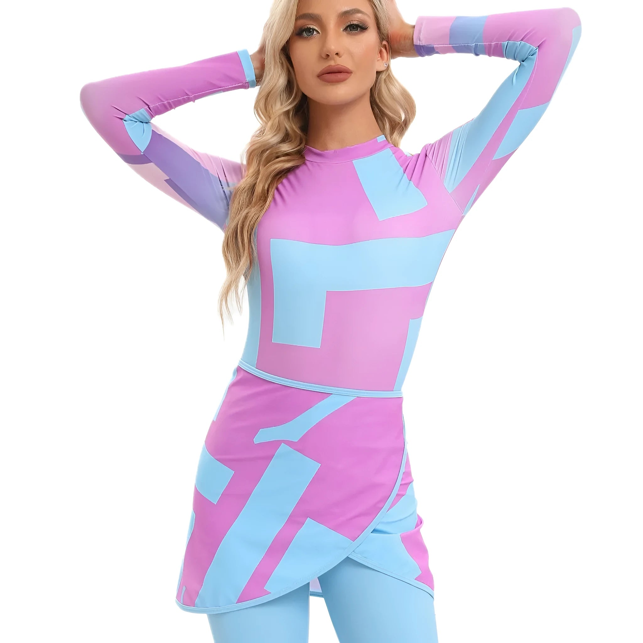 Conservative women's three-piece swimsuit set with apron in a fresh print, shown in Sapphire blue.