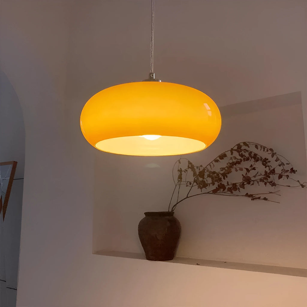 Bauhaus pendant light with three egg tart glass shades in milk white finish