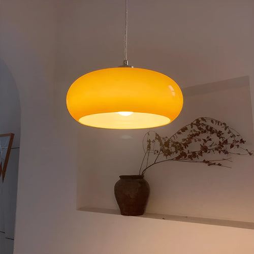 Bauhaus retro style glass pendant ceiling light with three egg tart shaped shades in milk white finish.