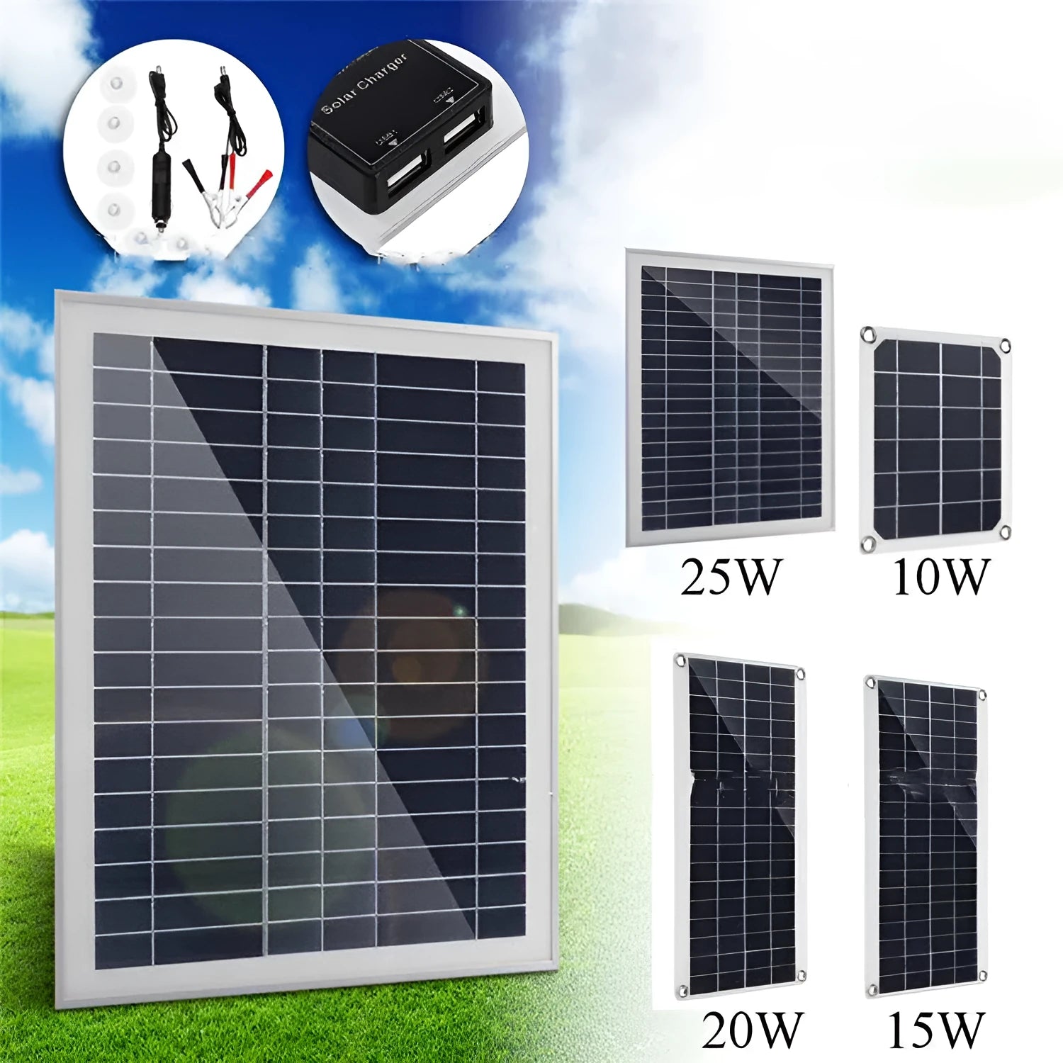 Polycrystalline silicon solar panel with dual USB ports for outdoor device charging