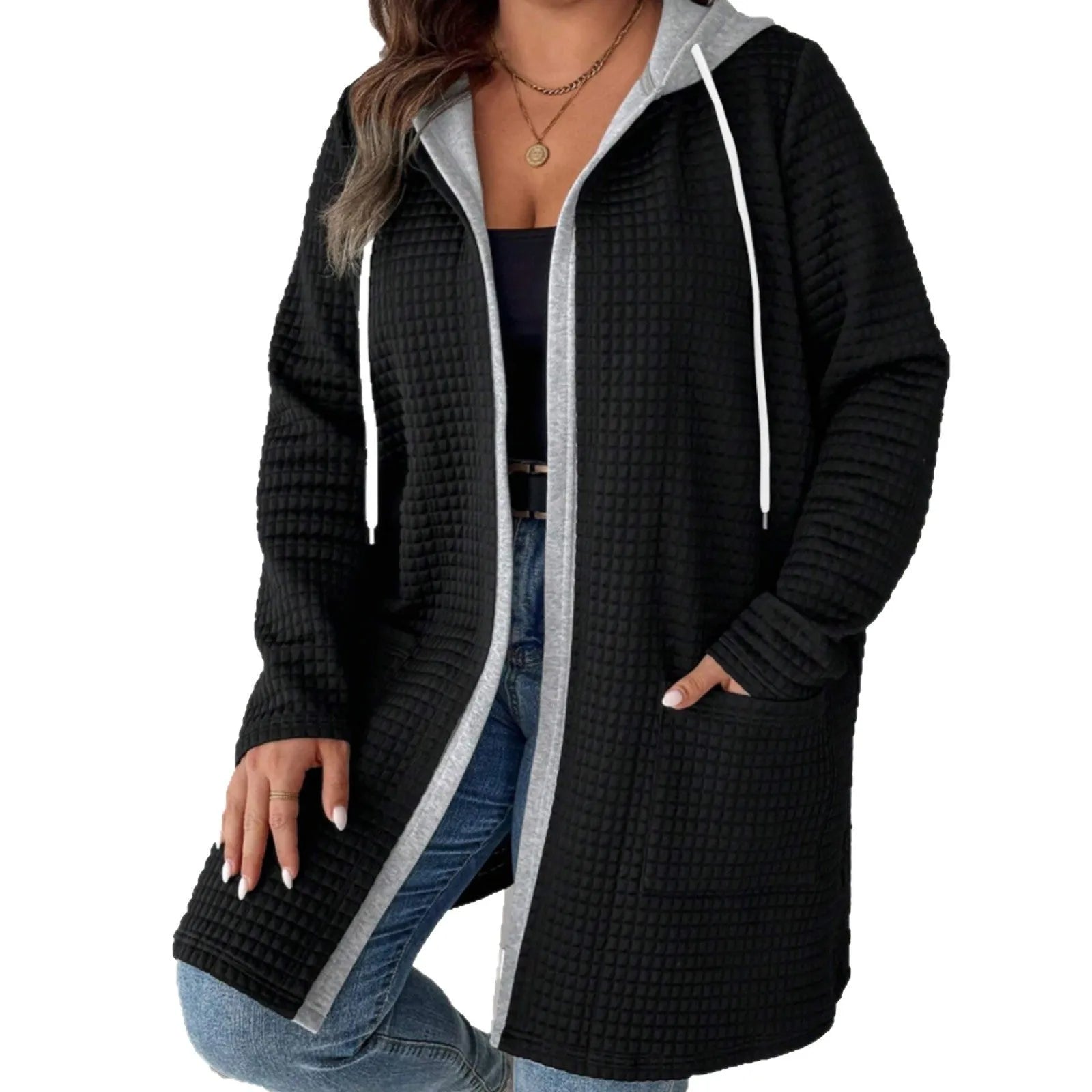 Women's hooded pocket cardigan jacket without buckle, loose fit, solid colour black, thin polyester spandex fabric
