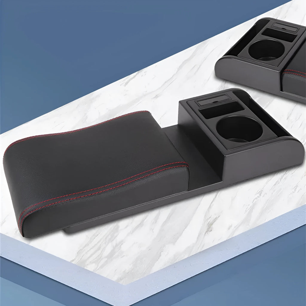 Universal car armrest cover for height increase in multiple colour options including black with red lines