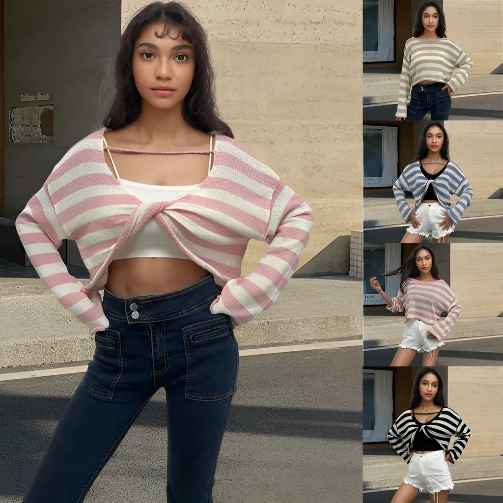 Woman wearing a striped long-sleeve sweater in mercerised cotton, showing front and back wearability with exposed navel detail.