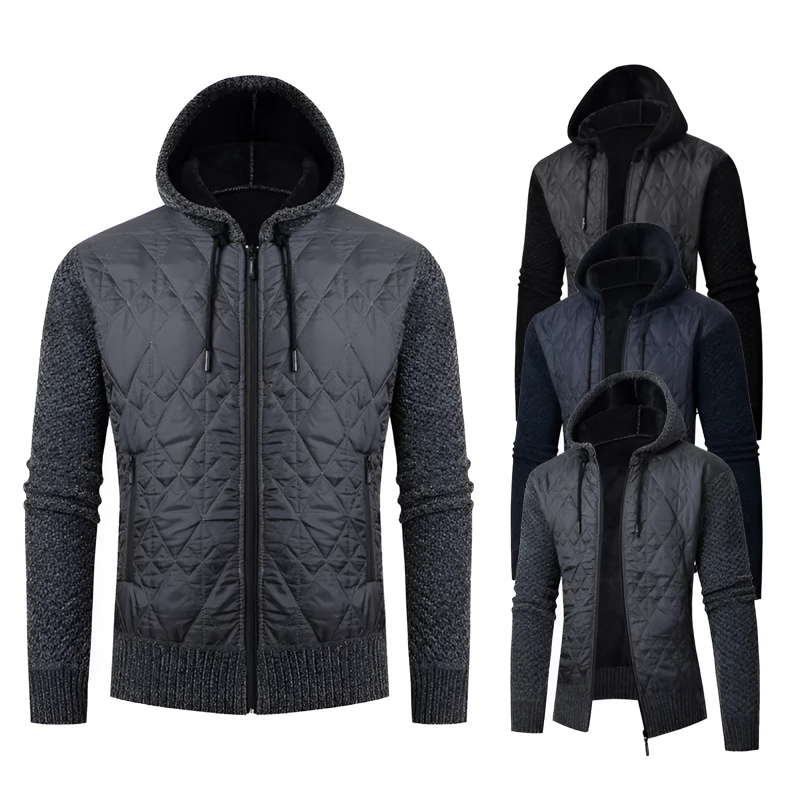 Men's grey hooded corduroy cardigan with cinched style, shown as a winter sweater coat.