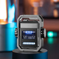 Blue windproof double arc electric lighter with a spinning metal gyroscope, shown folded and unfolded.
