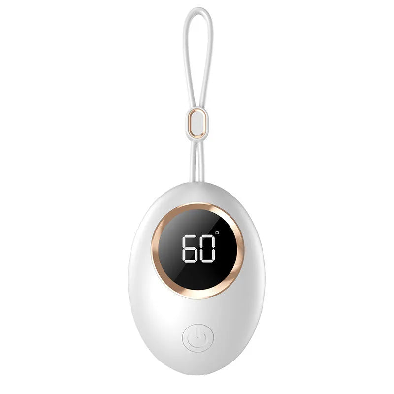 USB digital display hand warmer power bank showing six colour options with aluminium heat dissipation panel