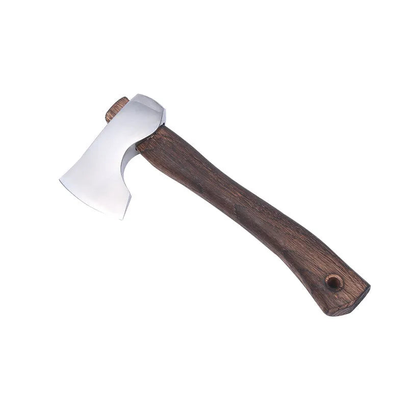 Compact camping axe with a wooden handle and high carbon steel head on a neutral background.