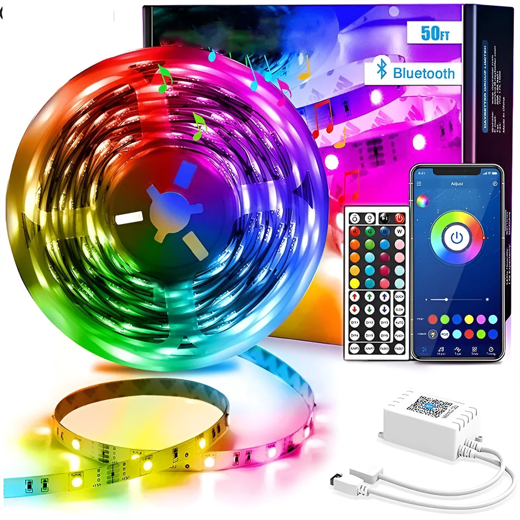LED 5050 RGB light strip with Bluetooth remote, showing colour-changing effects and epoxy-coated IP65 waterproof option.