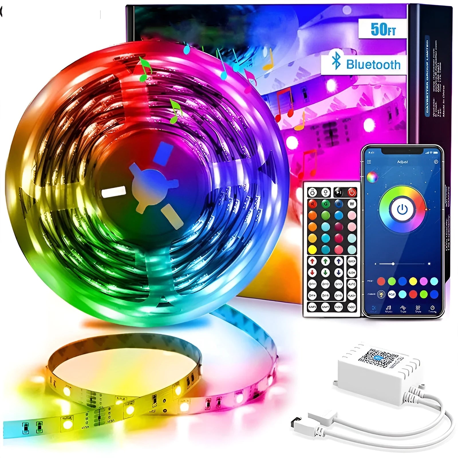 LED 5050 RGB light strip with Bluetooth remote, showing colour-changing effects and epoxy-coated IP65 waterproof option.