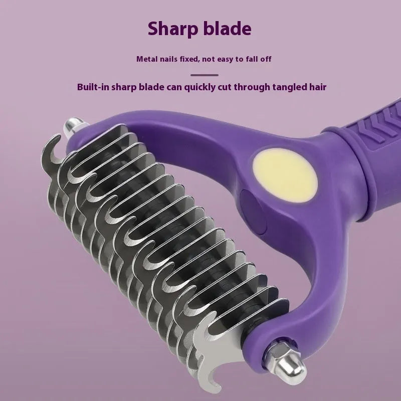 Purple plastic dual-sided pet comb for detangling dog and cat fur knots