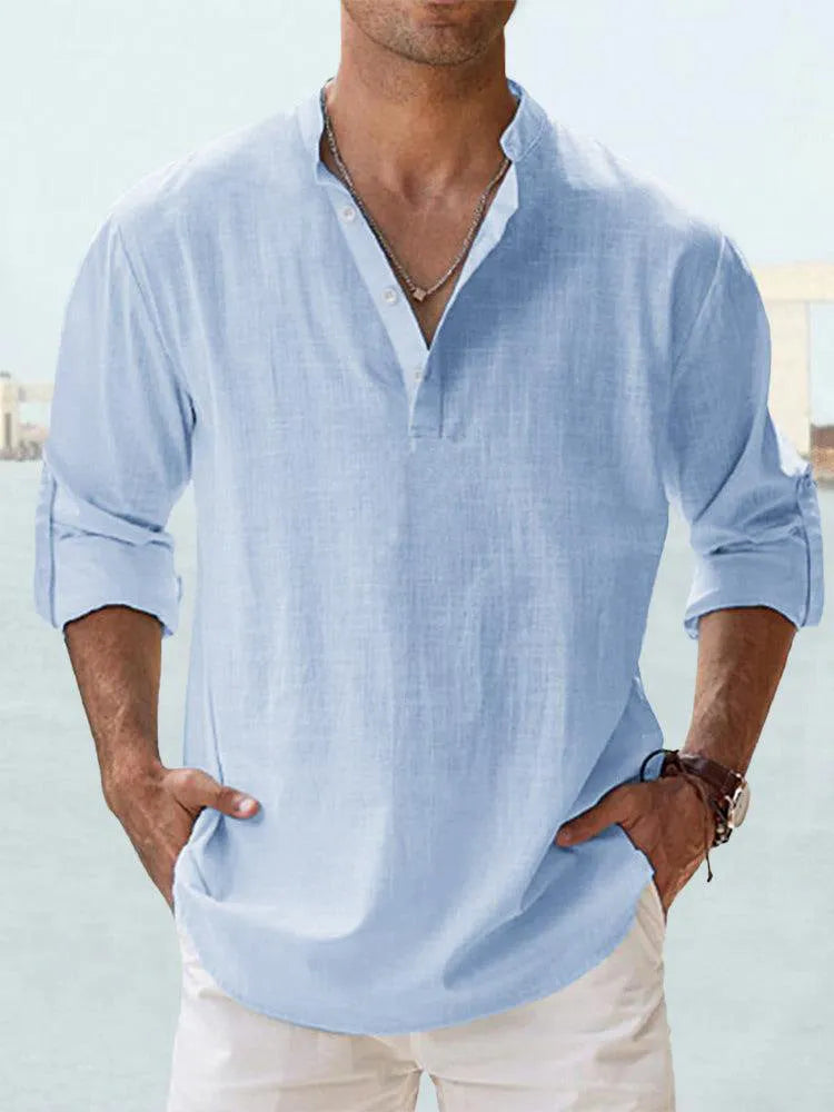 Men's loose fit cotton linen shirt with stand collar, long sleeves, in khaki colour