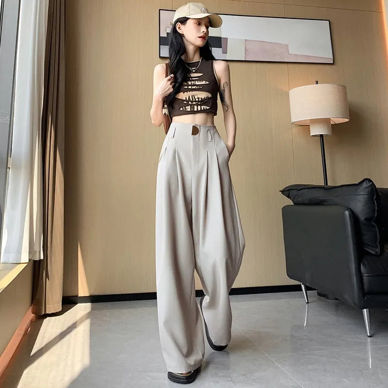 Women's high-waist wide-leg pants in slightly elastic spandex, straight loose fit, black beige burgundy brown, S to 2XL