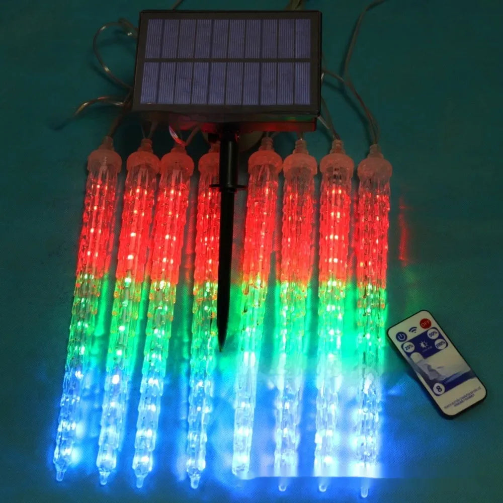LED ice cone solar meteor shower lamp with flower-shaped 30cm lights for outdoor decoration