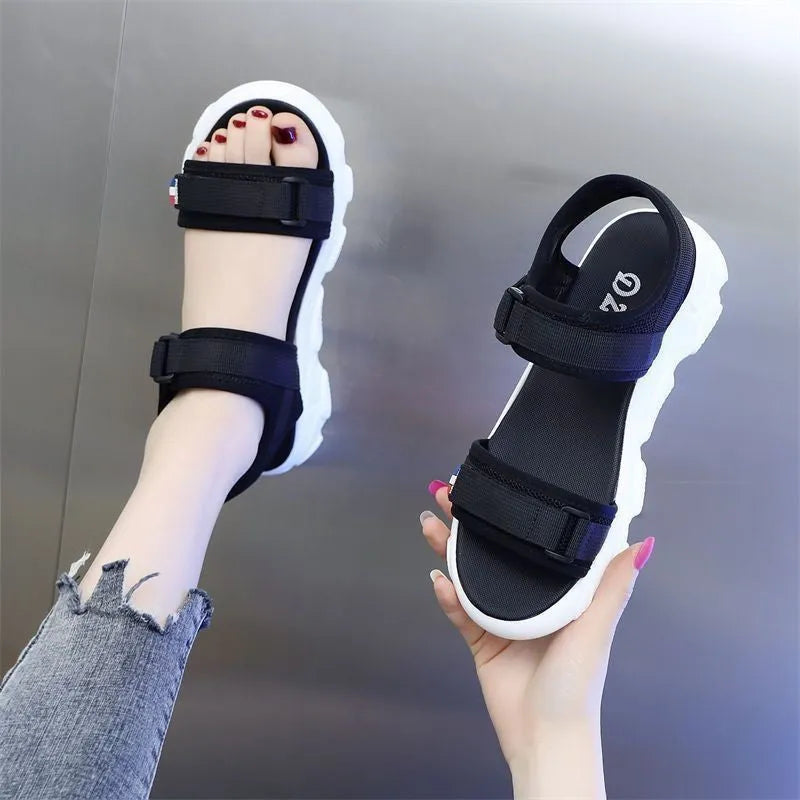 Women's summer sports sandals with cloth cover upper, microfiber lining and rubber sole, in Milky White or Black, sizes 35-40