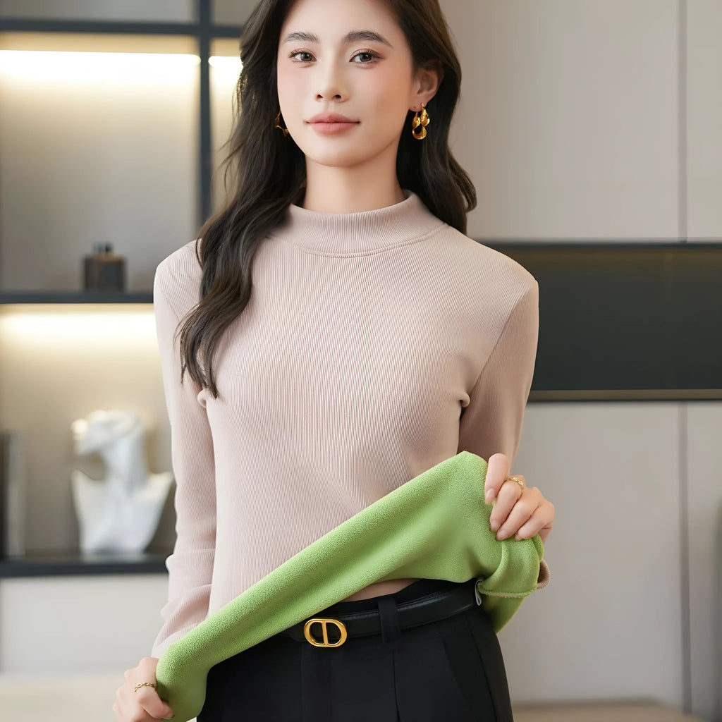 Women's fleece-lined half high-necked long sleeve bottoming shirt in black, polyester fibre