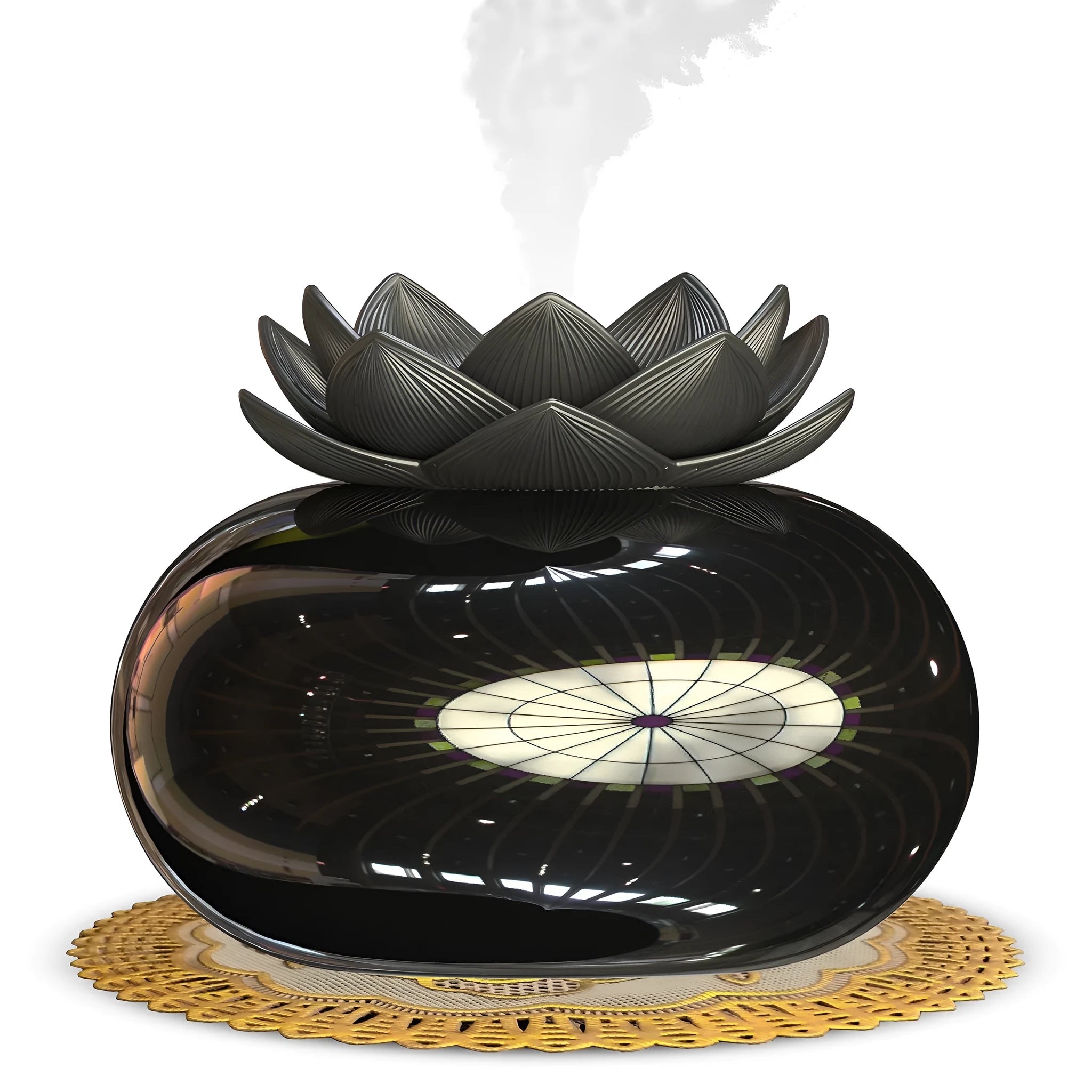 Pure black round Lotus aromatherapy ultrasonic humidifier with USB cable on a desk.