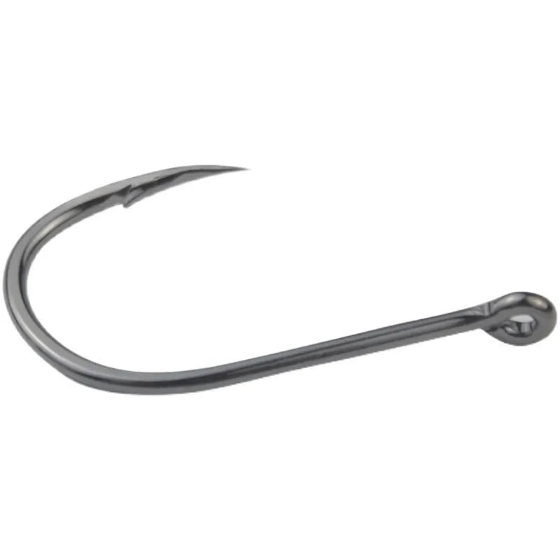 Bulk pack of alloy carbon steel barbed fishing hooks with a hole ring, suitable for rock and sea fishing.