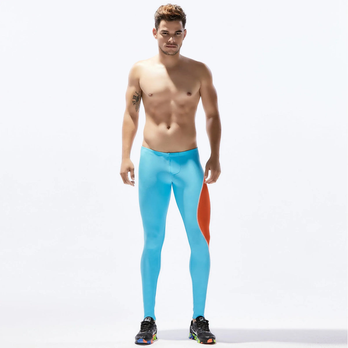 Men's tight nylon sports fitness pants in black blue, black yellow, orange white, and sky blue, sizes S to XL