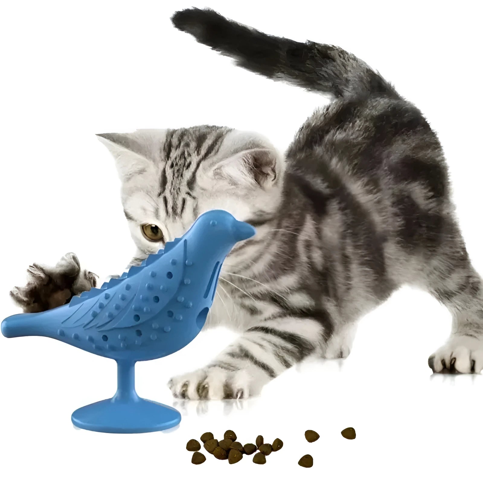 Blue interactive bird shape cat toy with suction cup base on a floor, 12.5x10x5cm