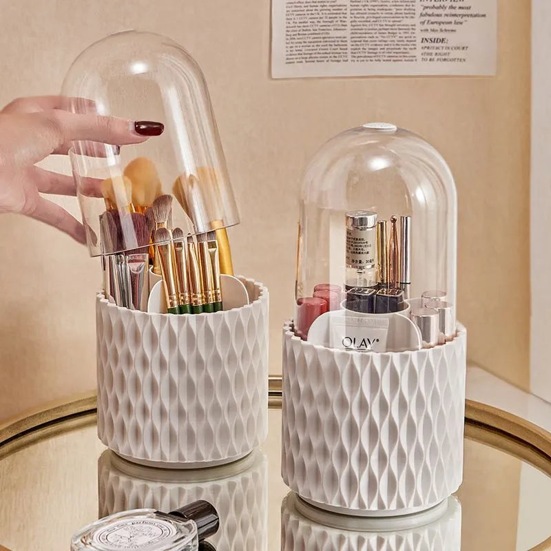 White rotating transparent acrylic makeup brush holder with dust-proof lid on desktop