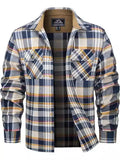 Man wearing a casual plaid button shirt in a winter setting, showing the cardigan style and loose fit.