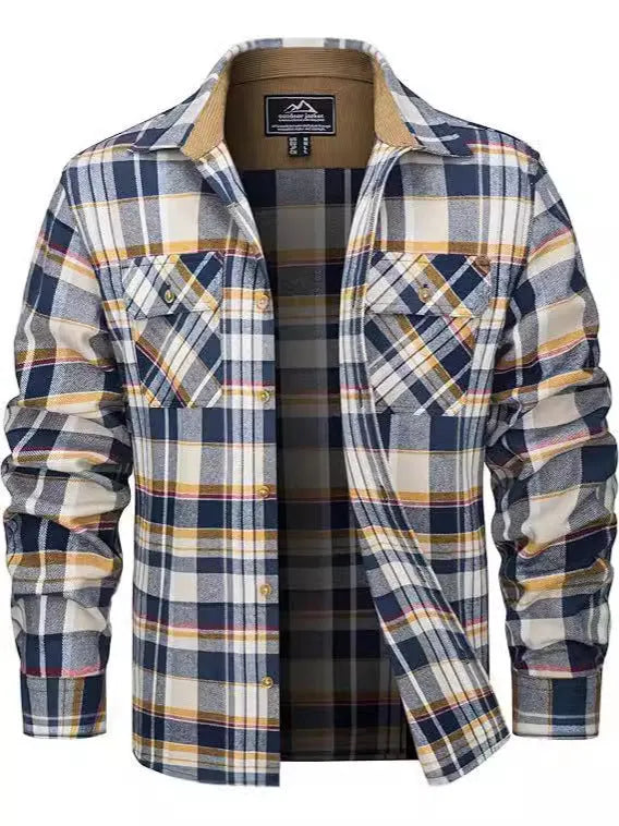 Man wearing a casual plaid button shirt in a winter setting, showing the cardigan style and loose fit.