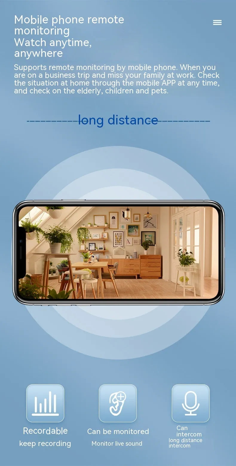 Wireless WiFi indoor surveillance camera with 360-degree panorama, night vision, and voice intercom, 135 x 104 x 98mm