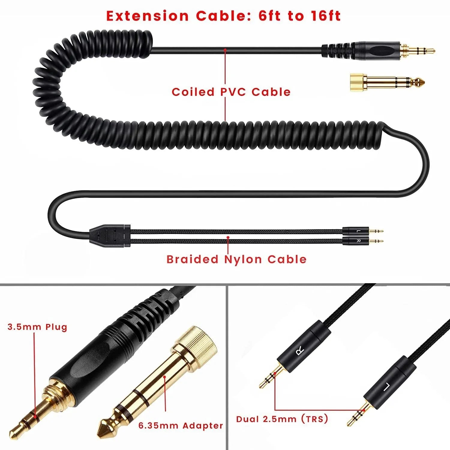 Black double 25mm plug headset cable for HE400i He560, 1.8m oxygen-free copper wire