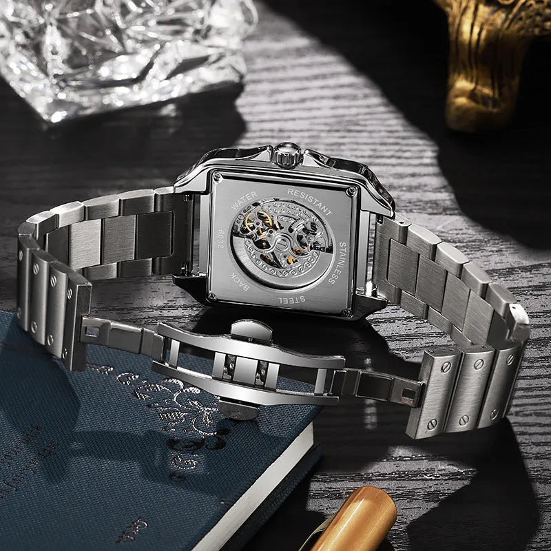 Men's square-faced automatic watch with diamond studs on a black steel bracelet, model 6066A.