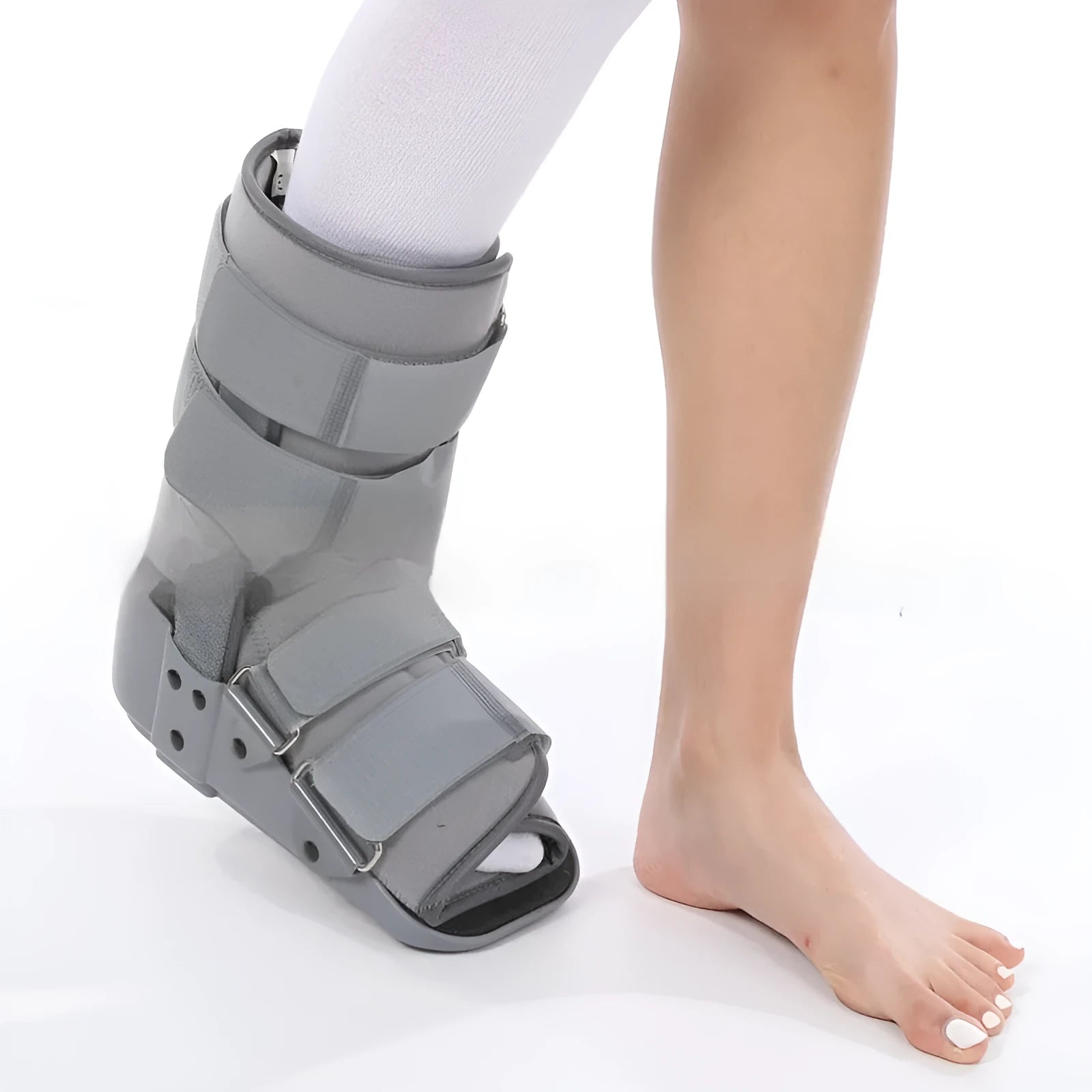 Black Achilles tendon rehabilitation walking aid shoes with adjustable ankle straps and aluminium footplate