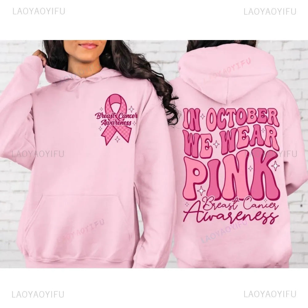Pink Breast Cancer Awareness pullover hoodie with side seam pockets and hot stamping decorative elements