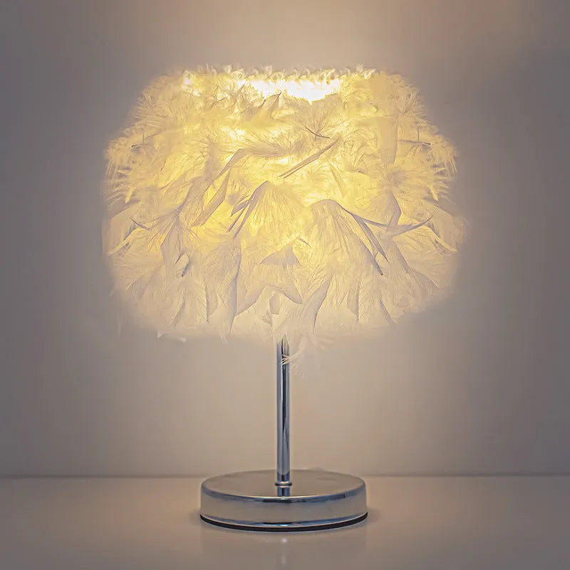 LED feather table lamp with wooden art base, USB cable, and about 26cm by 100mm size